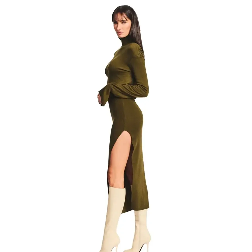 SER.O.YA Olive Green Diana Turtleneck High Slit Blouson Sweater Dress